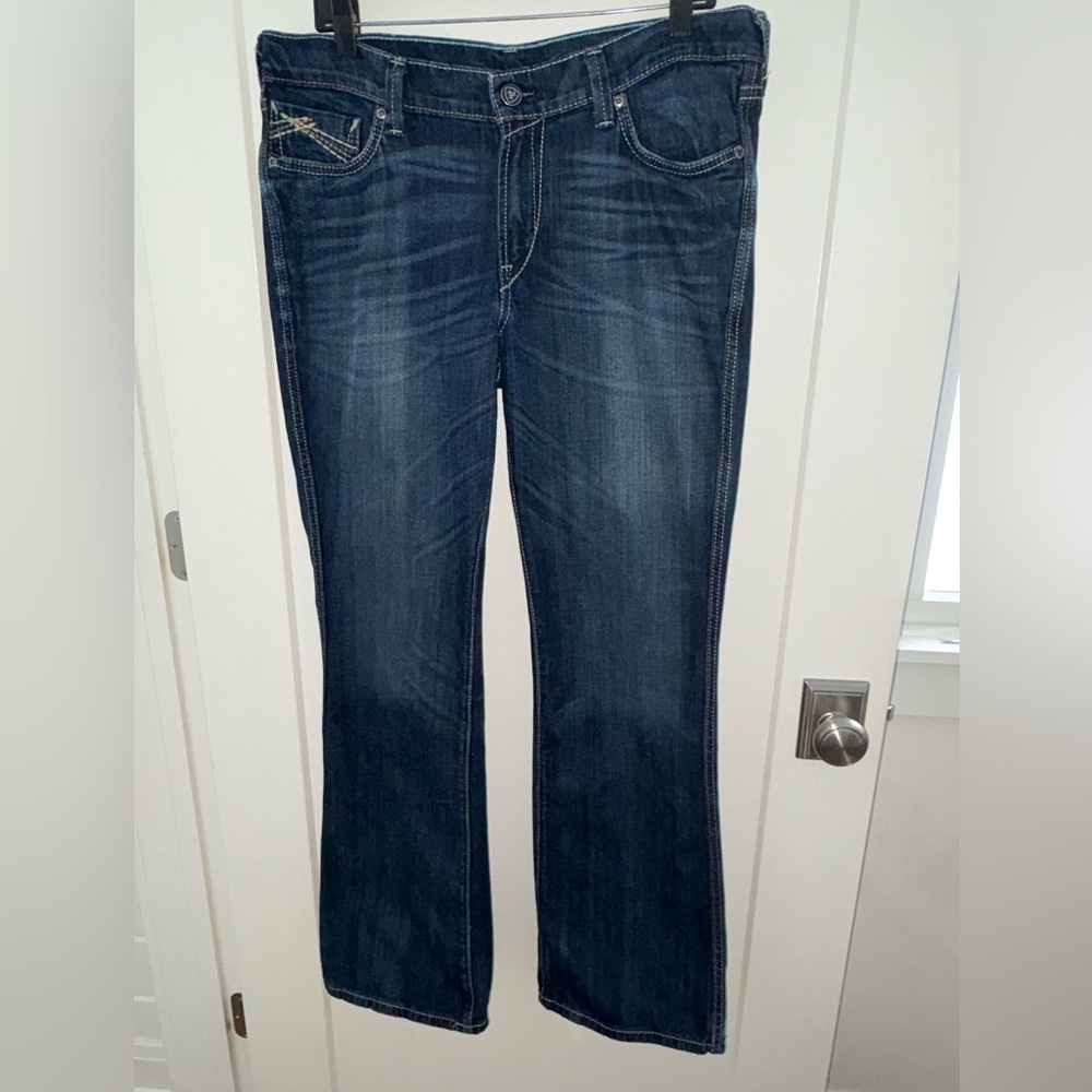 Ariat Denim Turquoise stretch boot cut jeans women's sz 34R EUC
